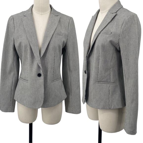 Banana Republic Classic Fit Blazer Striped Pattern Button Front Gray White 6 - Picture 1 of 10